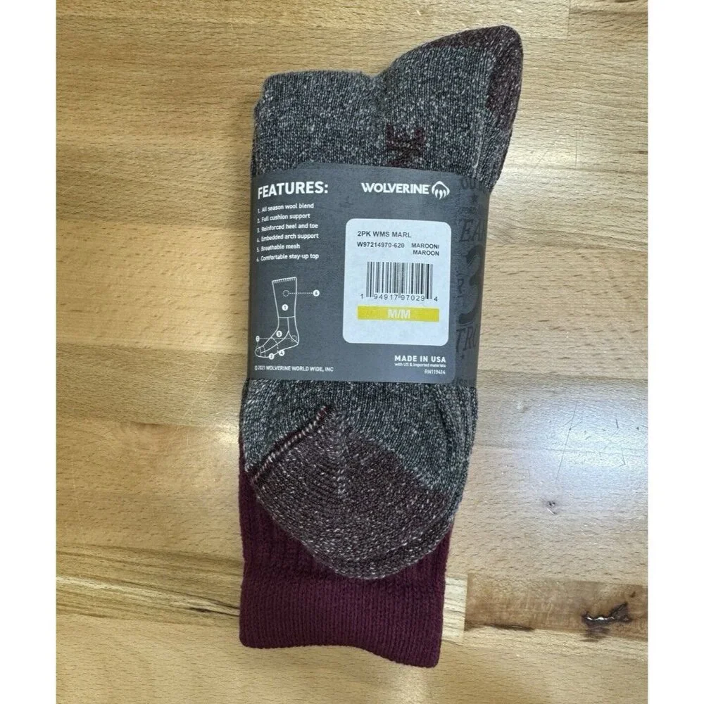 Wolverine Women's Wool Boot Socks sz M Medium 6-9 MAROON 2 Pairs